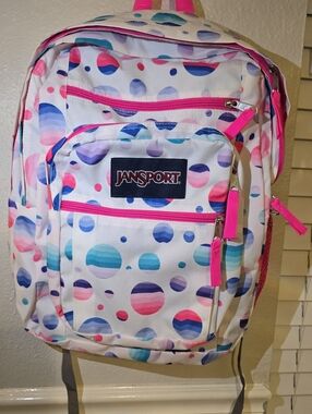 Jansport White Multicolor Bubble Print Backpack with Pink Accents
